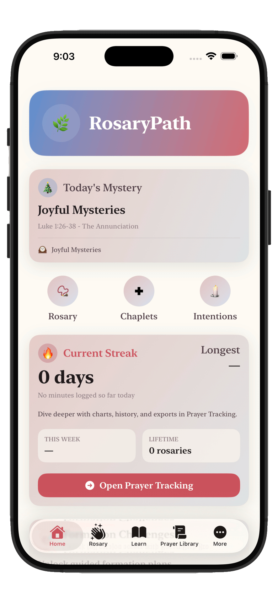 RosaryPath home screen showing rosary guidance